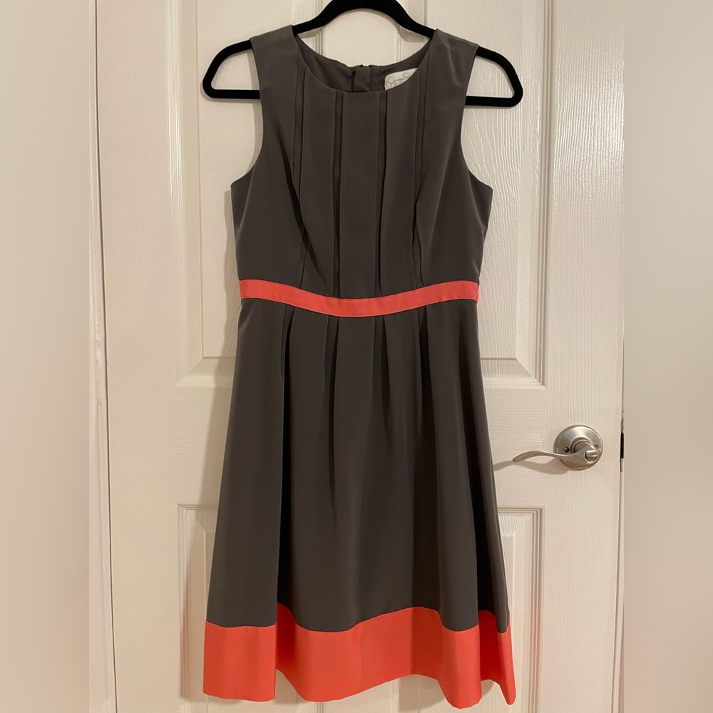 Sleeveless grey and coral A-line dress